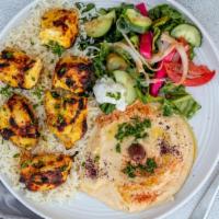 Chicken Kebob Plate · Served with hummus, rice, salad and pita bread.