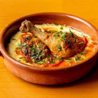 Roasted Chicken · Pepper and onion stew, smoked paprika, rosemary polenta.