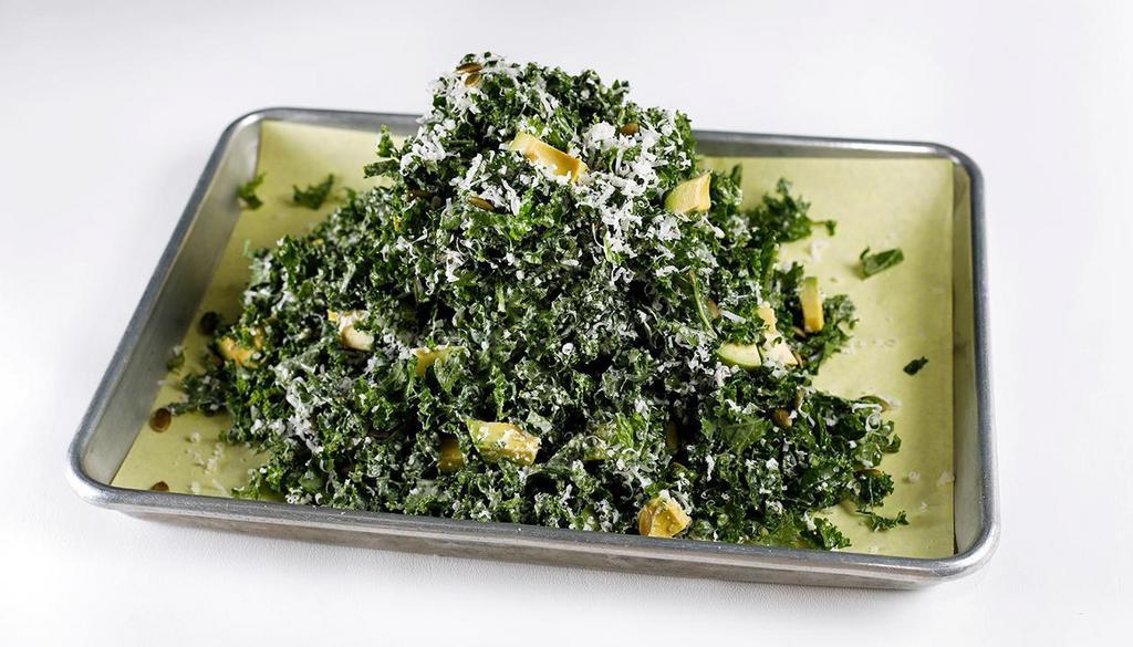 Kale Salad · Curly kale, avocado, Parmesan, pepitas, slow-cooked egg yolk dressing.