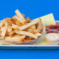 French Fries · Thrice-cooked Kennebec potatoes. Served with ketchup and ‘Doggie' sauce on the side.