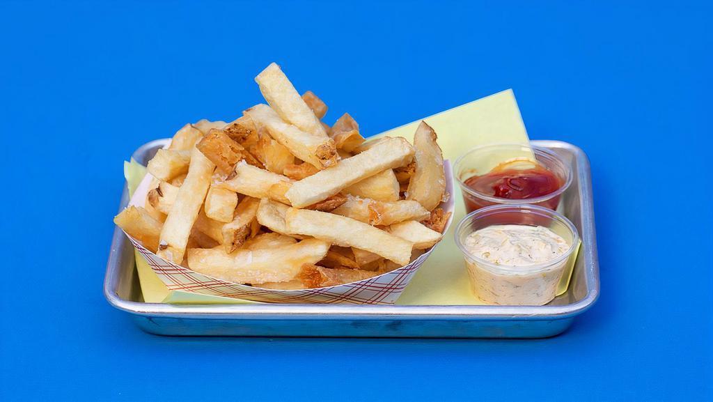 French Fries · Thrice-cooked Kennebec potatoes. Served with ketchup and ‘Doggie' sauce on the side.