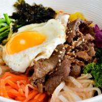 Bibimbop · Fried egg, spinach, mushroom, carrot, bean sprout, etc. Choice of protein.