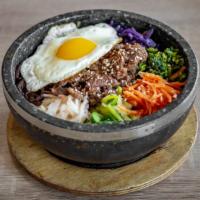 Hot Stone Pot Bibimbap (White Rice) (Two Item) · Fried egg, spinach, mushroom, carrot, bean sprout, etc. Choice of protein.