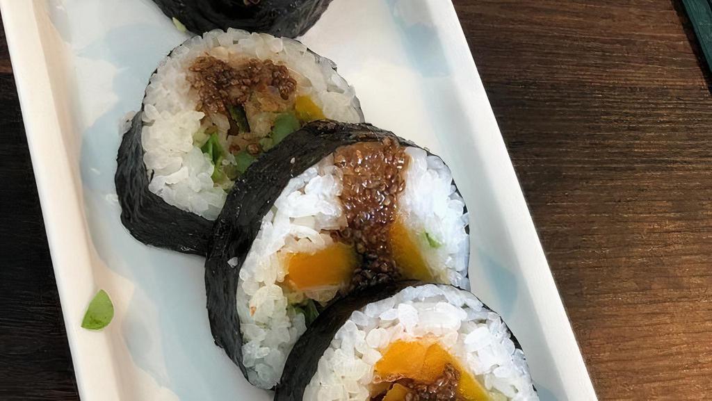 Lightning Roll · Enoki mushroom, pumpkin tempura, asparagus, avocado with chia yuzu ponzu sauce
