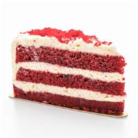 Red Velvet Cake · Slice. A double layer of Red Velvet Cake surrounded and topped with cream cheese icing, garn...