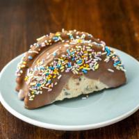 Cookie Dough Taco · Choco-chip dough sando with vanilla ice cream, plus dip.