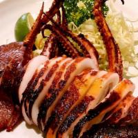 111. Ika-Maruyaki · Grilled seasoned whole squid served with ginger soy and teriyaki sauce.