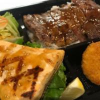 Bento Box 2 (Two Items) · Served with rice, miso soup, salad and 1 free side.