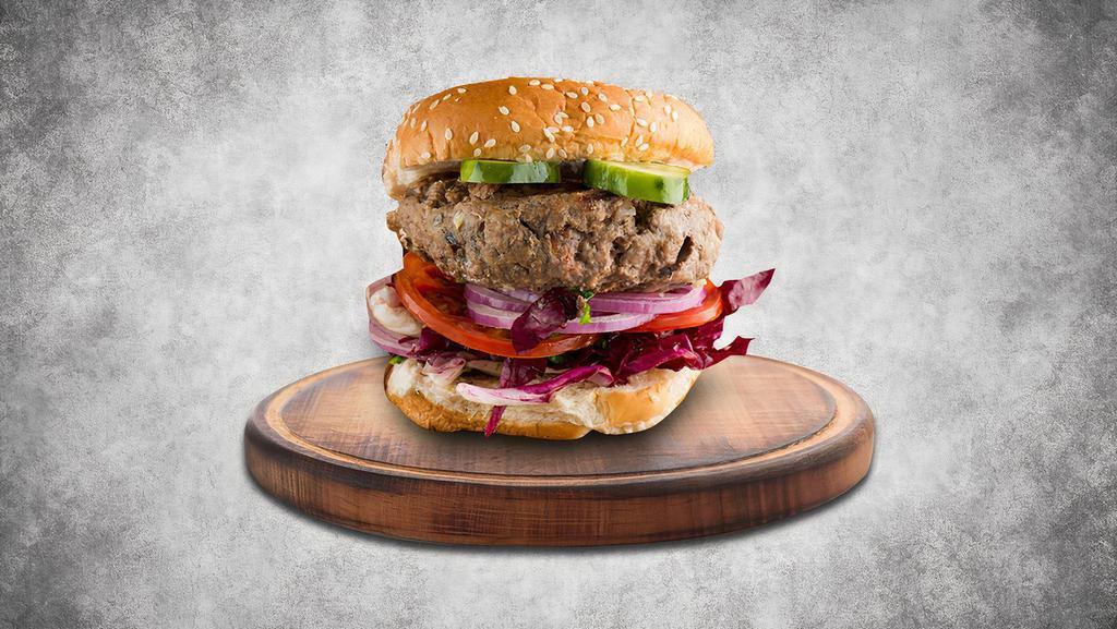 Go Gyro Lamb Burger · Lamb patty, tzatziki sauce, lettuce, tomato, onion, and American cheese.