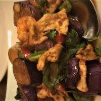 L Ginger Eggplant · Sauteed eggplant with shrimp and chicken in basil ginger garlic. sauce