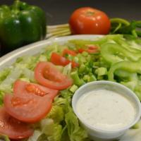 House Salad · Hearts of romain, lettuce, cucumber, green onions, bell paper and choice of dressing