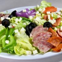 Antipasto Salad · Ham, salami, with green pepper, black olives, onions, tomatoes, and mozzarella cheese over a...