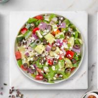 Greek Salad · Fresh romaine lettuce, feta cheese, cucumbers, tomatoes and olives.