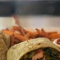 Chicken Kebab Wrap · Grilled chicken diced into cubes, cucumber, feta, romaine, Mediterranean olives, oregano, le...