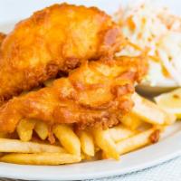 Fish & Chips · Pacific cod, fried crisp, in a beer batter and served with french fries and coleslaw.