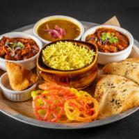 Death By Tikka Masala Thali · chicken tikka masala, paneer tikka masala or a combo of chicken and paneer, daal lentils, tu...