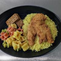 Chicken Tenders · Housemade chicken tenders on rice (Not Halal), & a side of fryums