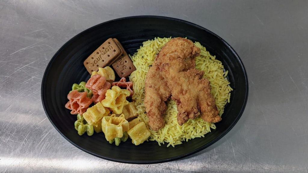 Chicken Tenders · Housemade chicken tenders on rice (Not Halal), & a side of fryums