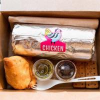 Catering Burrito Box · Each box includes a burrito, samosa with chutneys and Indian cookies. Napkins/utensils are i...