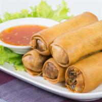 1. Thai Imperial Vegetarian Rolls (8) · Mixed vegetables and vermicelli wrapped in egg roll skin and deep fried until crisp. 8 pieces.