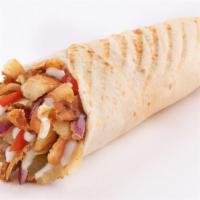 Chicken Gyro · Thin marinated slices of chicken gyro meat, lettuce, tomatoes, onions topped with tzatziki s...