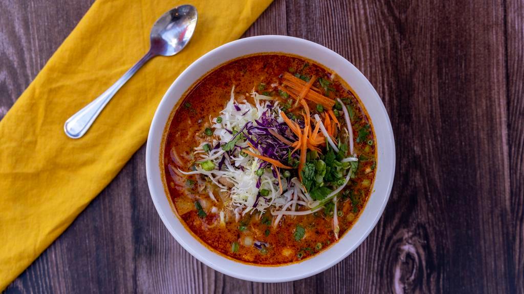 Khao Poon Gai (Curry Chicken Noodle Soup) · Lao curry chicken vermicelli noodle soup.