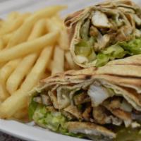 Chicken Shawarma Wrap · Sliced chicken served in Lebanese bread with lettuce, pickles, onions, and garlic sauce.