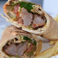 Beef Kabob Wrap · Beef kabob pieces served in Lebanese bread with lettuce, tomatoes, pickles, onions, and humm...