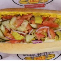 Moon Doggie · All beef frank, mayo, mustard, tomatoes, onions, pepperoncinis, & pickles.