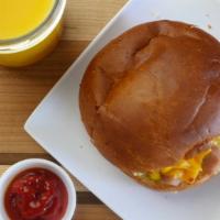 Chicken Apple Sausage · Egg, chicken apple sausage and cheddar cheese. Served on a brioche bun.