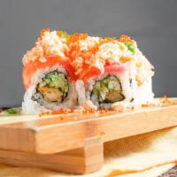 Titanic Roll · Tempura shrimp kyu top with salmon tuna avocado and spicy crab tobiko scallion. Consuming ra...