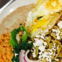 Chilaquiles Verdes · Egg dishes served with rice, beans and tortillas.
