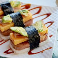 Special Spam Musubi · Topped with Spam, bacon, Tamago egg, Fresh avocado and sweet unagi sauce.