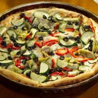 The Sears Tower · Vegetarian pizza. The pinnacle of vegetarian pizzas! Onions, sweet red peppers, zucchini, ma...