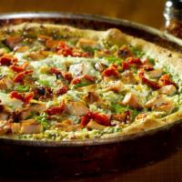 The Wrigley Field · A home run of a pizza! Pesto sauce, feta cheese, teriyaki chicken, roasted garlic & sun-drie...