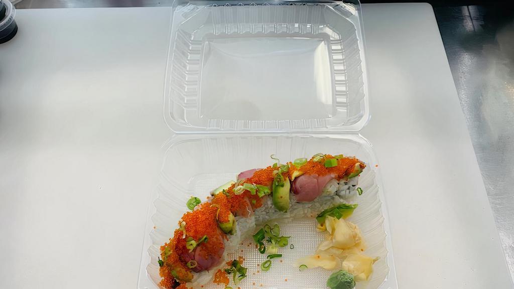 Hama Roll · Salmon & Cucumber roll w/Hamachi, Tobiko & Scallion on Top