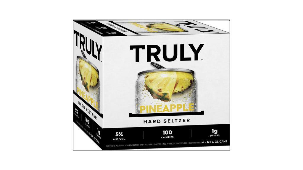 Truly Hard Seltzer Pineapple (12 Oz X 6 Ct) · Truly Pineapple is tropical in a can with the flavor of juicy pineapple and refreshment of hard seltzer. Each 12oz. can has 5% alc./vol., 100 calories, 1g sugars, 2g carbs, and is Gluten Free.