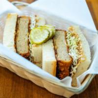 Menchi Sando · Panko Fried Halal Chicken Patty, Mayo, Tonkatsu Sauce, Cabbage, Milk Bread