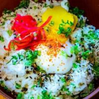 Onsen Tamago Bowl · Soft Poached Jidori Egg, Cucumbers, Assorted Japanese Pickles, Green Onion, Furikake, Rice