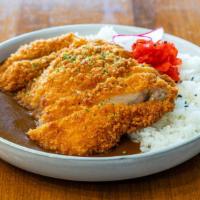 Chicken Katsu Curry · Panko Fried Halal Chicken, Curry, Japanese Pickles, Rice