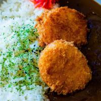 Korroke Curry · Corn and Potato Croquettes, Curry, Japanese Pickles, Rice
