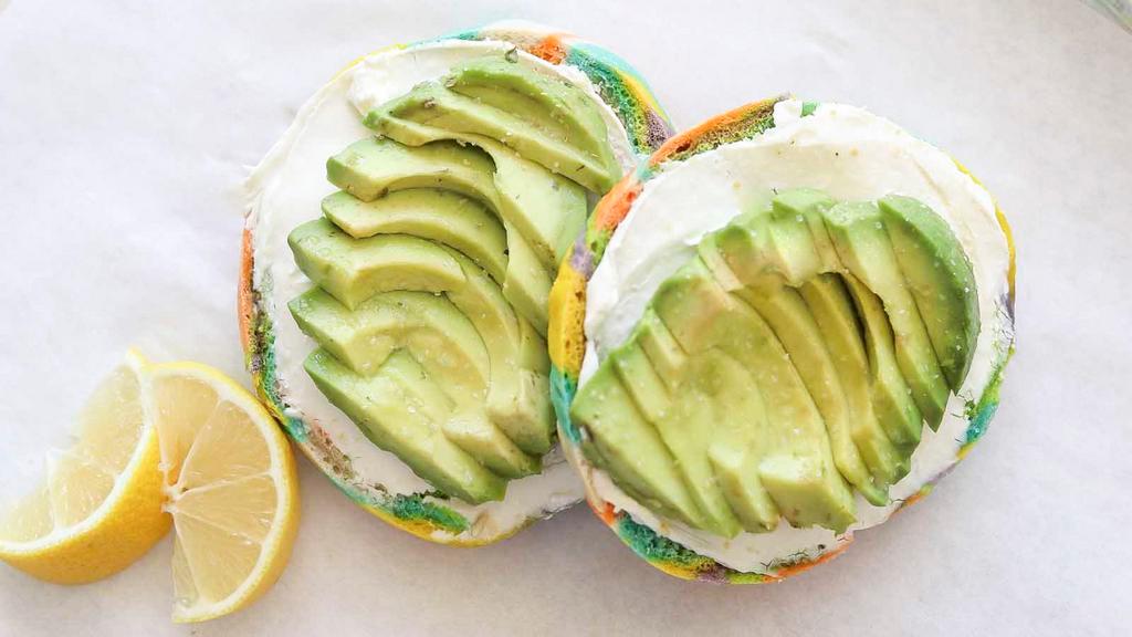 Fresh Avocado · Your choice of bagel, plain cream cheese, and a whole avocado sliced, and topped with lemon, garlic, and salt.