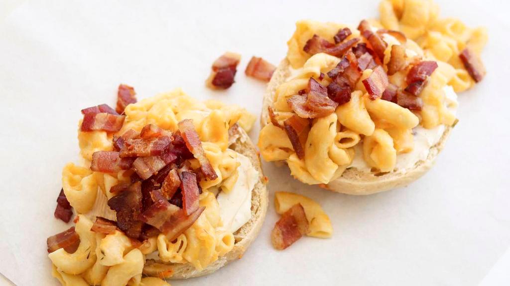 Bacon Mac · Your choice of bagel, bacon garlic jalapeño spread, housemade mac and cheese and bacon.