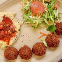Falafel Plate · Served with falafel balls, salad, hummus and pita bread.