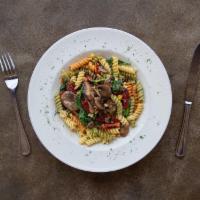 Portabella Fusilli · Portabella and criminology mushrooms, spinach, sun dried tomatoes, and sweet corn tossed in ...
