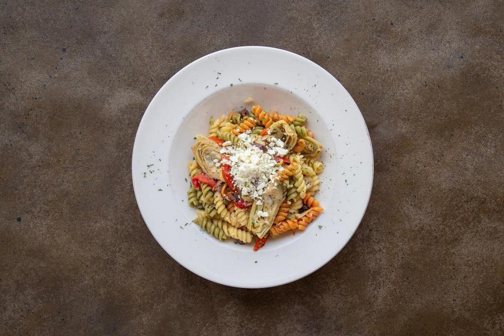 Greek Fusilli · Kalamata and green olives, capers, roasted red peppers, artichoke hearts and feta cheese in a lemon-oregano sauce