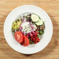Greek Salad · Roasted eggplant, marinated red onions, sun-dried tomatoes, pepperocinis, cucumber, kalamata...