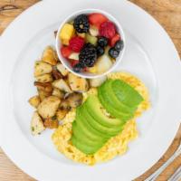 Avocado Scramble · Fluffy scrambled eggs with avocado and Jack cheese, served with oven roasted rosemary potato...