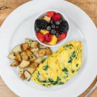 Spinach & Gruyere Omelet · Sautéed  baby spinach with Gruyere cheese, served with oven roasted rosemary potatoes and mi...