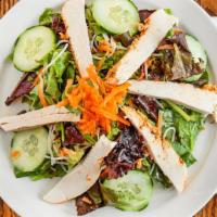 Grilled Chicken · Organic mixed greens, rice noodles, shredded carrots, English cucumber, mung beans, fresh ci...